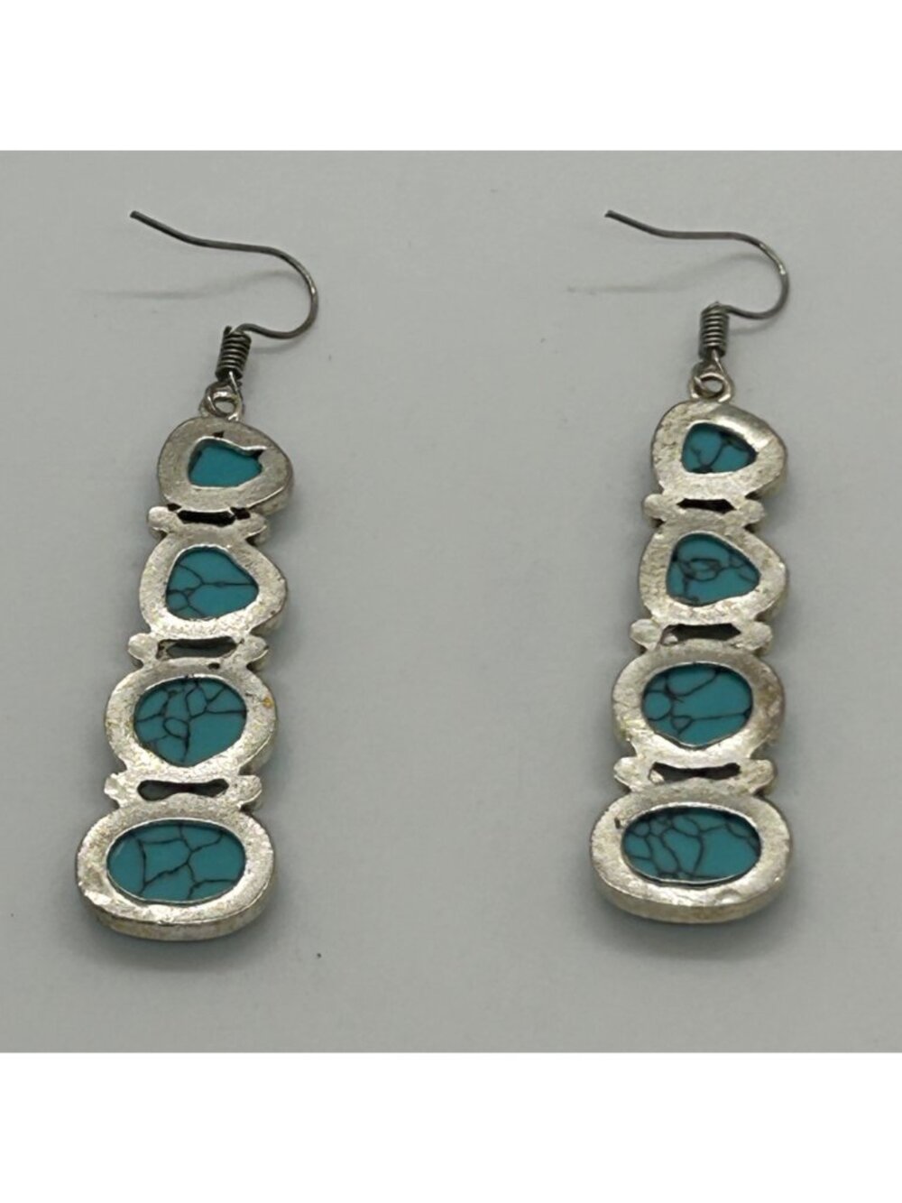 Boho Faux Turquoise Acrylic Dangle Earrings Silver Tone Western Southwest Drop J - Picture 6 of 7